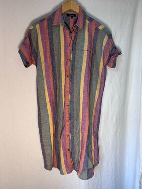 Madewell Courier Shirtdress Rainbow Stripe Button Front Dress Linen Cotton - XS